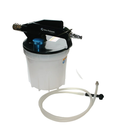 Vacuum brake bleeder tool with a black and white color scheme, consisting of a plastic 1.5 litre capacity reservoir, and a rubber hose.