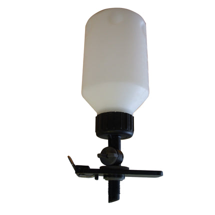 A 600ml brake fluid auto filler with a semi clear container and a black mounting bracket.