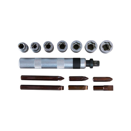 A collection of tools for removing seized and damaged fasteners, including a micro impact driver, various bits, and fluted extraction sockets.