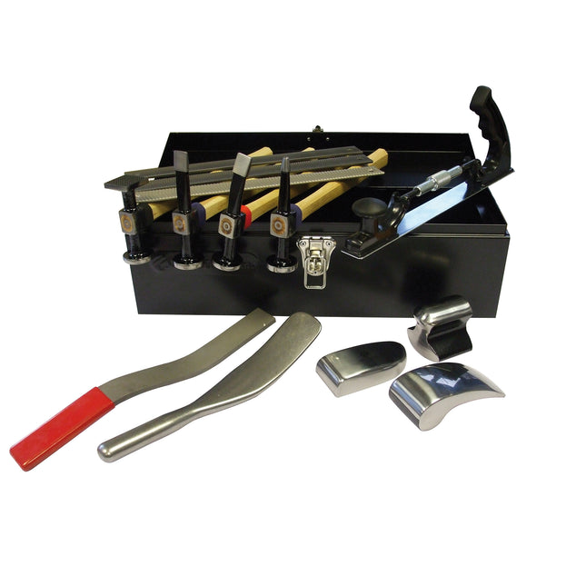 Thatcham Accredited Body Repair Tool Kit in a black steel tool box with various hand tools arranged on top, including panel beaters, dollies, and a bumping tool.