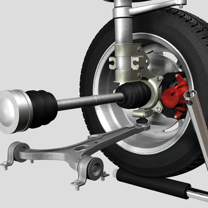 The suspension wear indicator tool attached to a wheel hub - one end connects to the suspension arm while the other applies controlled movement through the wheel.