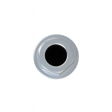 Round metallic object with a central black circle on a white background