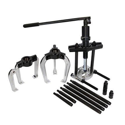 Hydraulic puller and separator kit with with a special extra travel hydraulic ram.