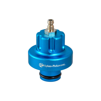 A blue metal cooling cap adaptor with the Sykes-Pickavant logo, designed for use with Tesla Model S & X vehicles.