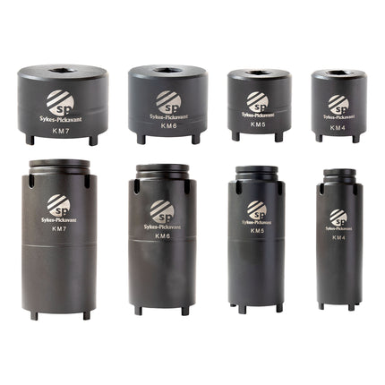 A set of black KMsockets with extension tubes, labeled with sizes KM 4, KM 5, KM 6, KM 7.