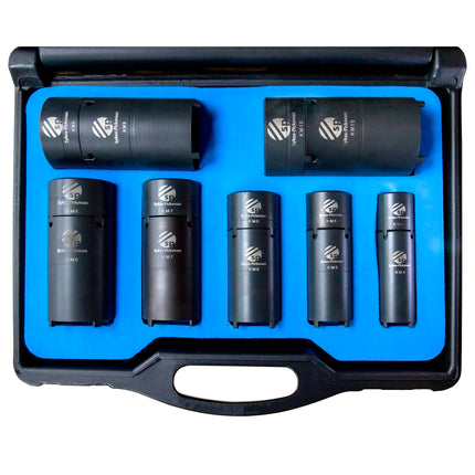 set of KM sockets and extension tubes in blue foam inlay in a plastic case