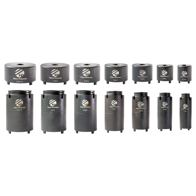A set of black KM sockets with extension tubes, each labeled with a size number and the brand name 'Sykes Pickavant'.