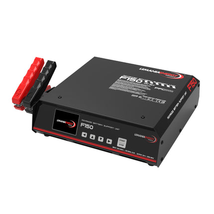 A black battery support unit with red and gray accents, featuring a backlit LCD display and attached copper cables.